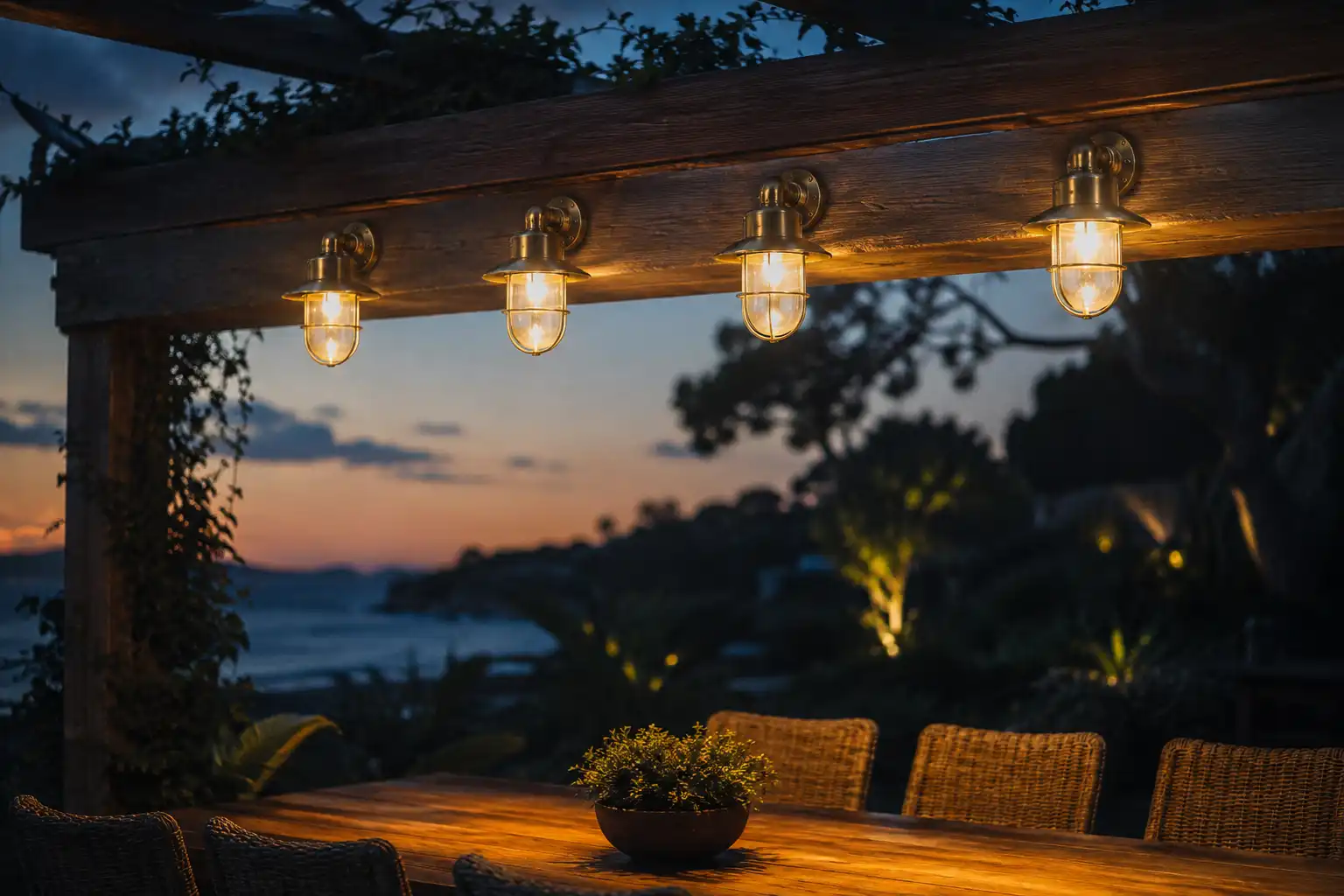 Salvaged brass deck lights evenly spaced along a pergola beam with overlapping warm light pools
