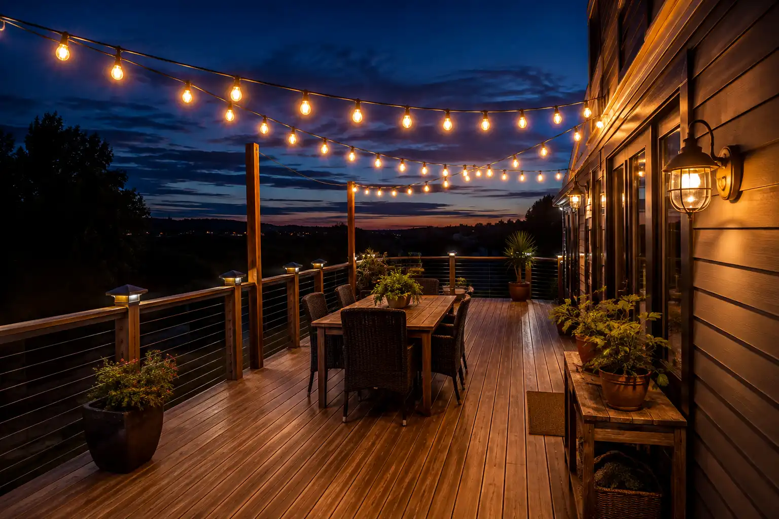 Deck lit by warm globe string lights beside a salvaged brass ship wall light from Chattogram Bangladesh