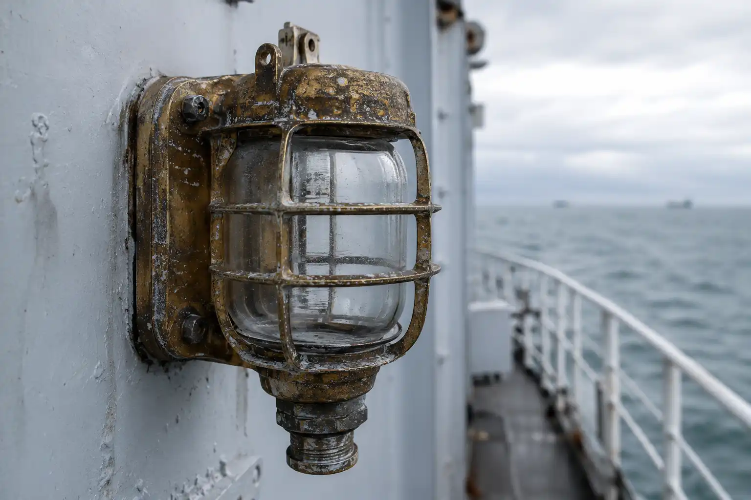 Salvaged brass exterior walkway light on a ship bulkhead, Chattogram yard stock