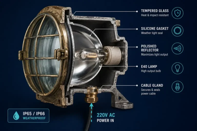 Cutaway showing how ship deck lights work, with gasket, reflector and cable gland labeled