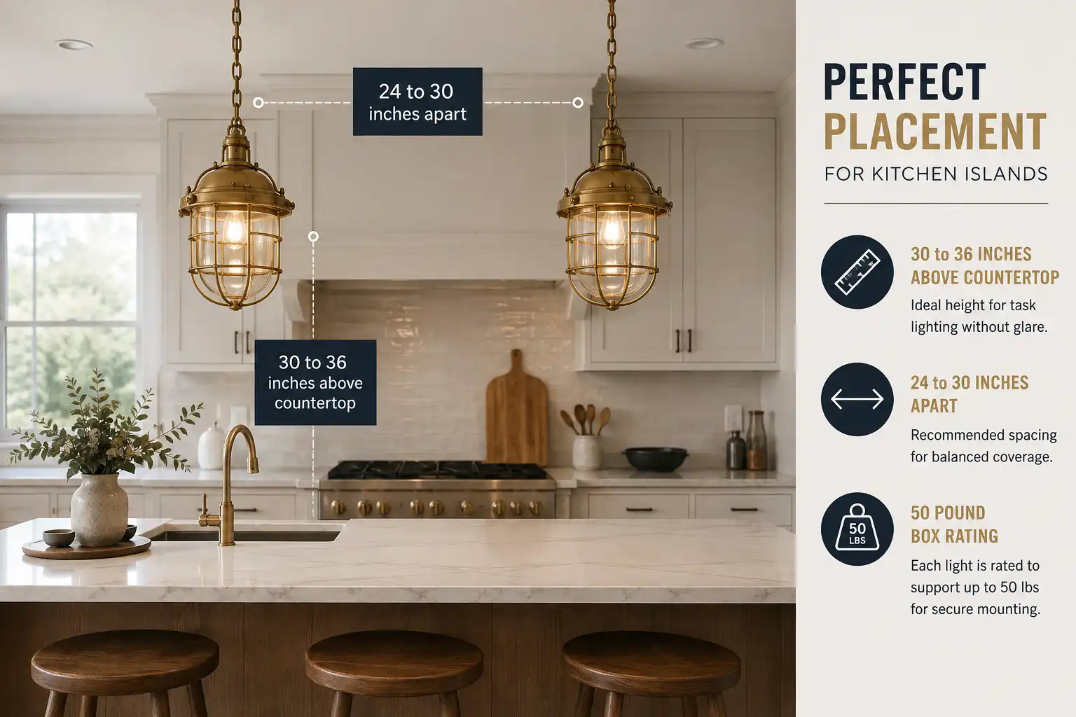 Pendant light installation guide showing correct hanging height and spacing above a kitchen island