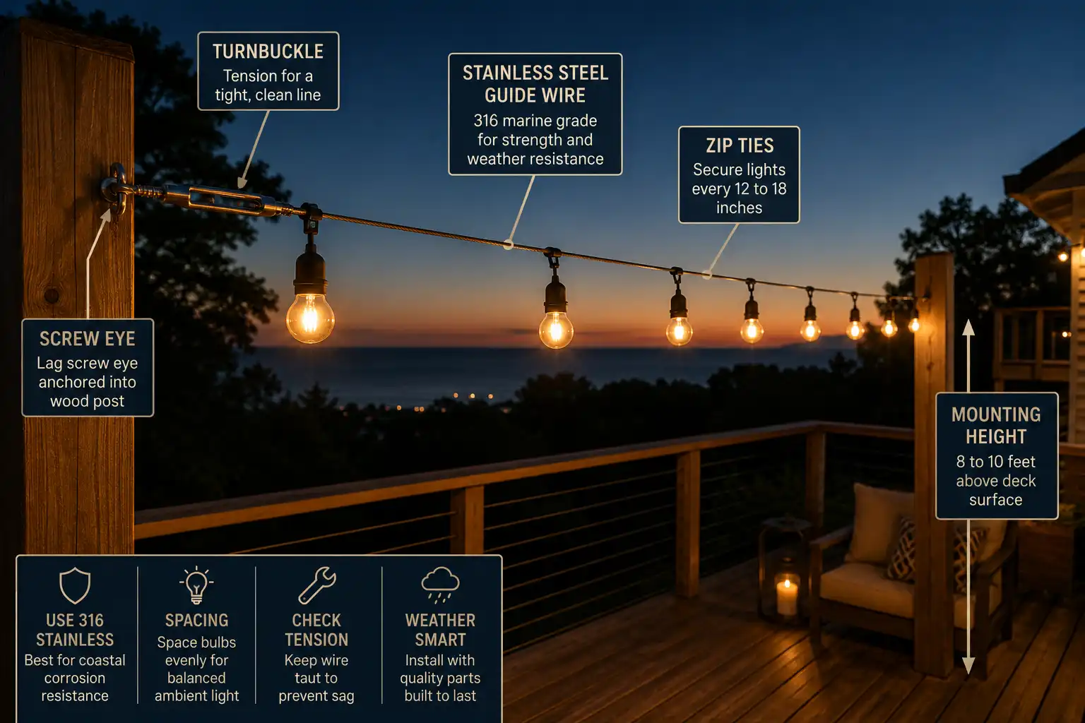 Deck string lights on a tensioned guide wire with labeled hardware and mounting height measurements