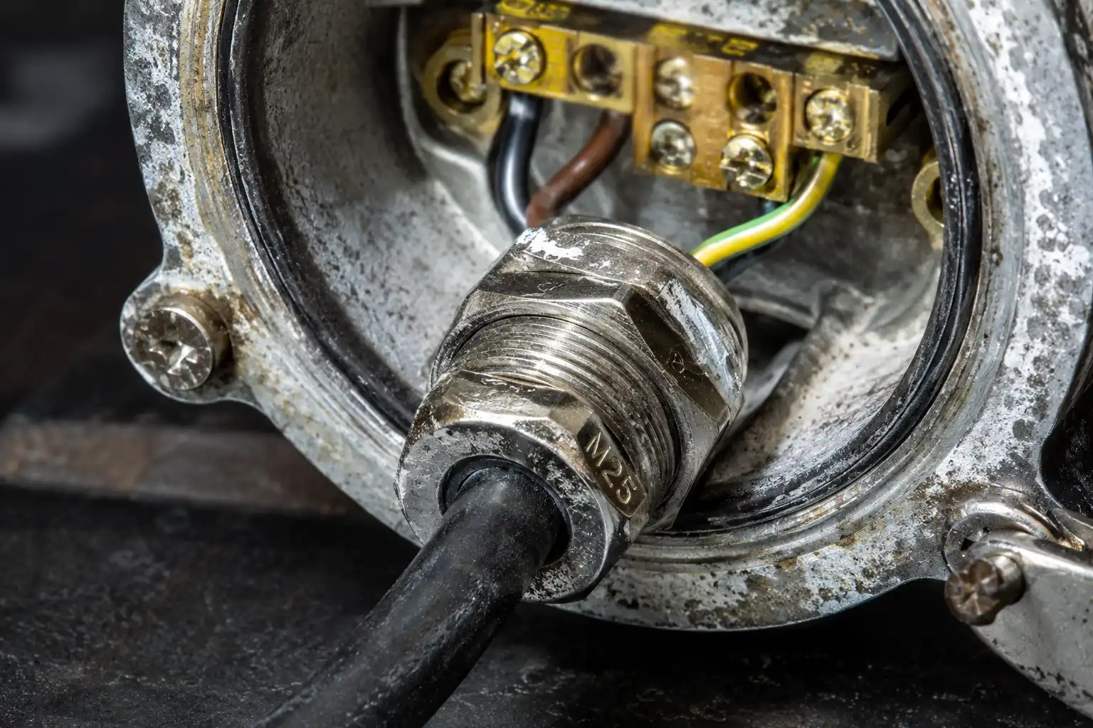 Brass cable gland and terminal block on a reclaimed ship deck light in Chattogram, Bangladesh
