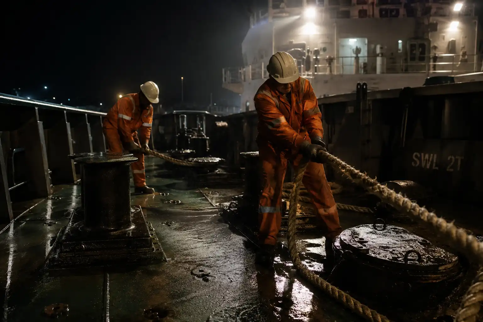 Crew handling mooring lines under ship deck lighting at night on a cargo vessel forecastle