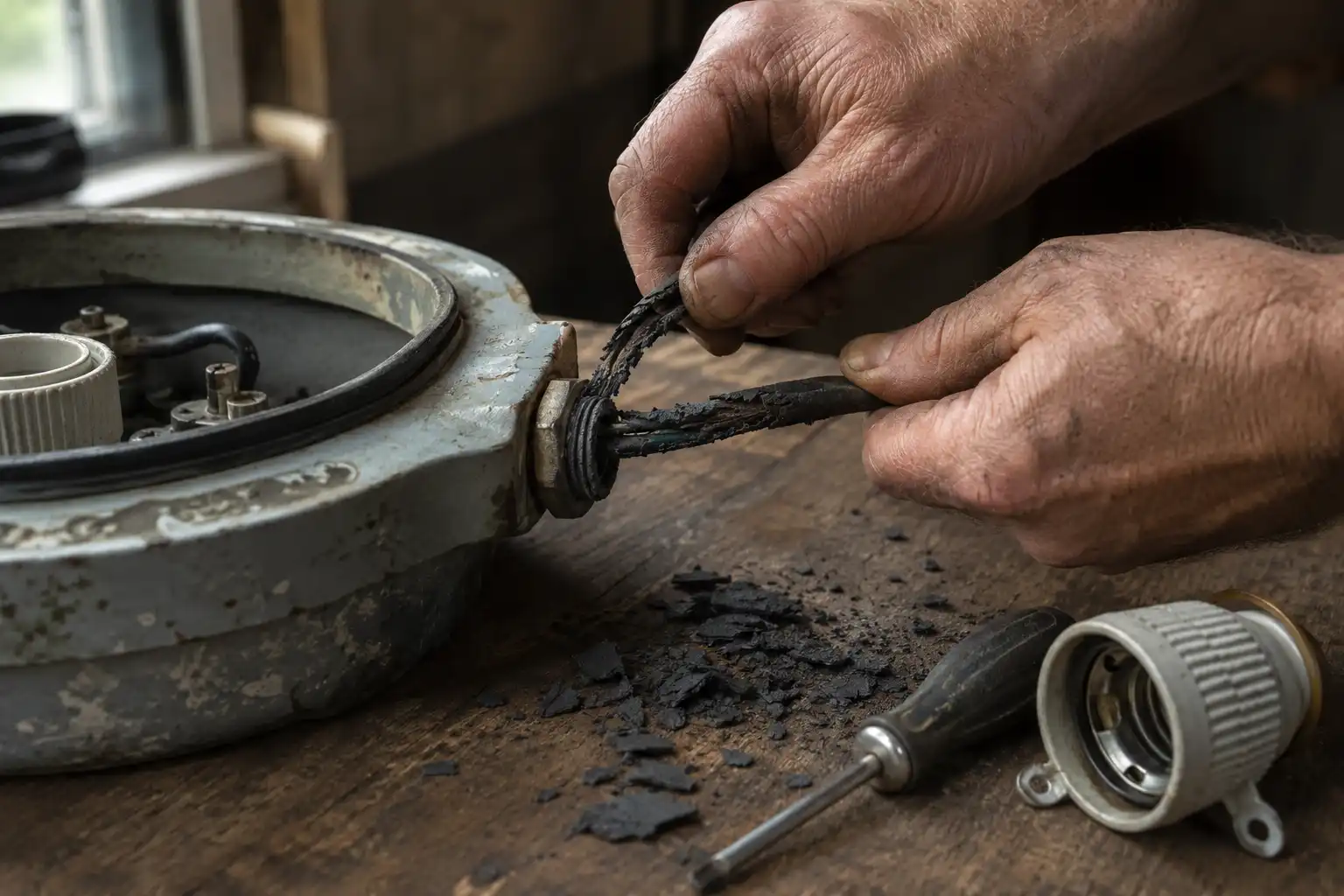 Brittle original cable pulled from a salvaged ship deck light in our Chattogram, Bangladesh workshop