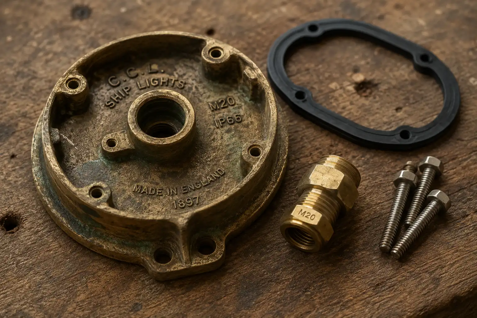 Cast brass backplate with new gasket and M20 cable gland ready for a passageway light install