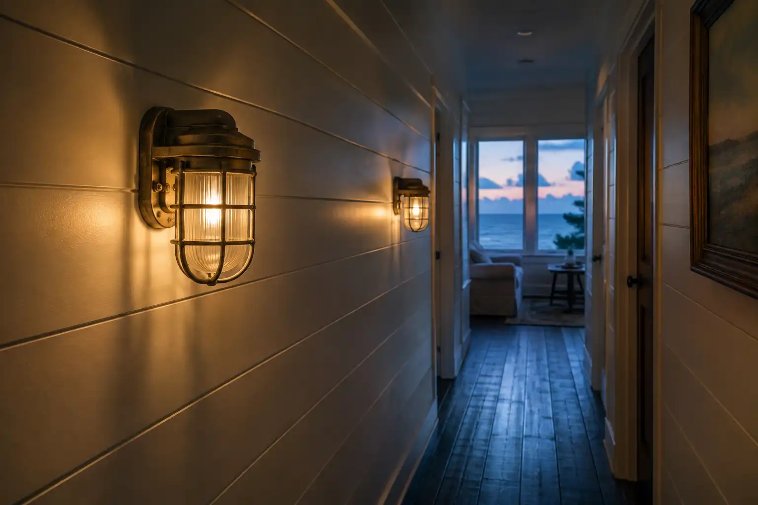 Two reclaimed ship passageway lights mounted along a coastal home hallway at dusk