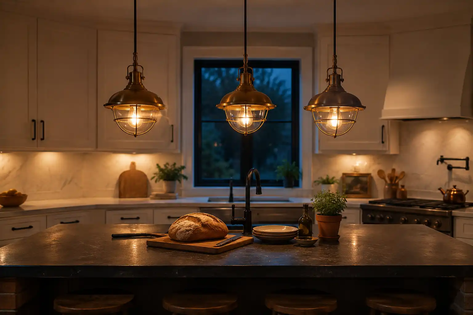 Three salvaged brass pendant lights hung above a kitchen island for task lighting and even coverage