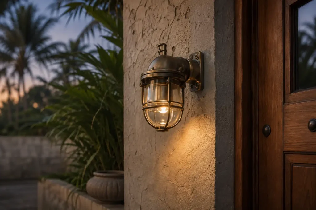 Restored ship deck light fitted on an outdoor wall, reclaimed from a shipbreaking yard in Chattogram
