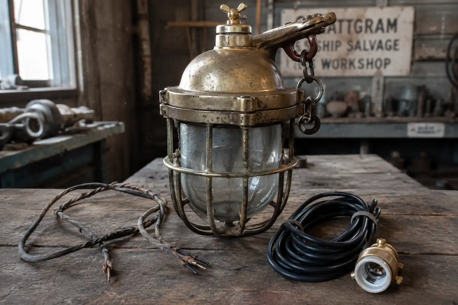 Rewiring a salvaged marine pendant light on a workbench in our Chattogram Bangladesh workshop