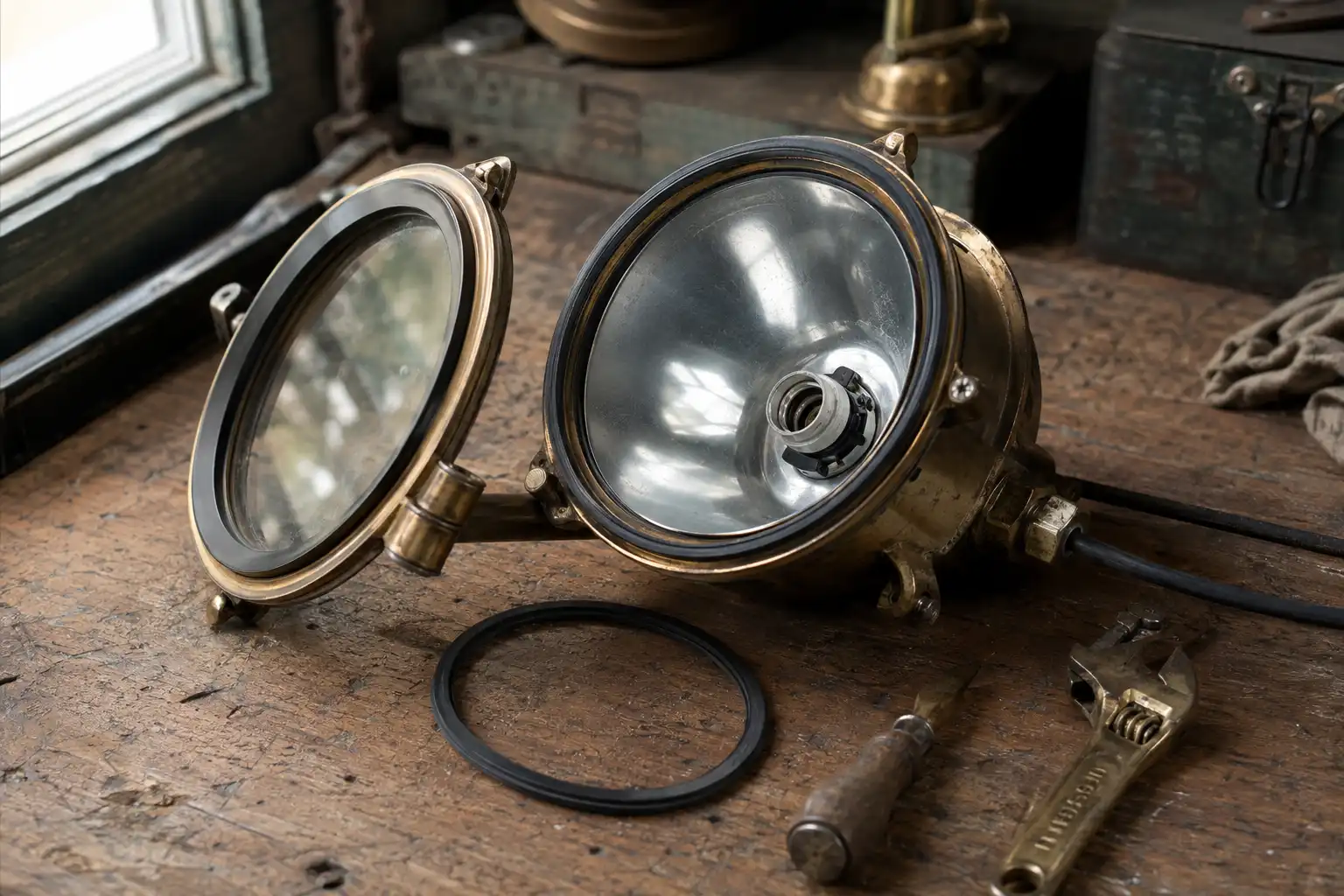 Salvaged marine deck floodlight opened on my Chattogram workbench showing gasket and reflector