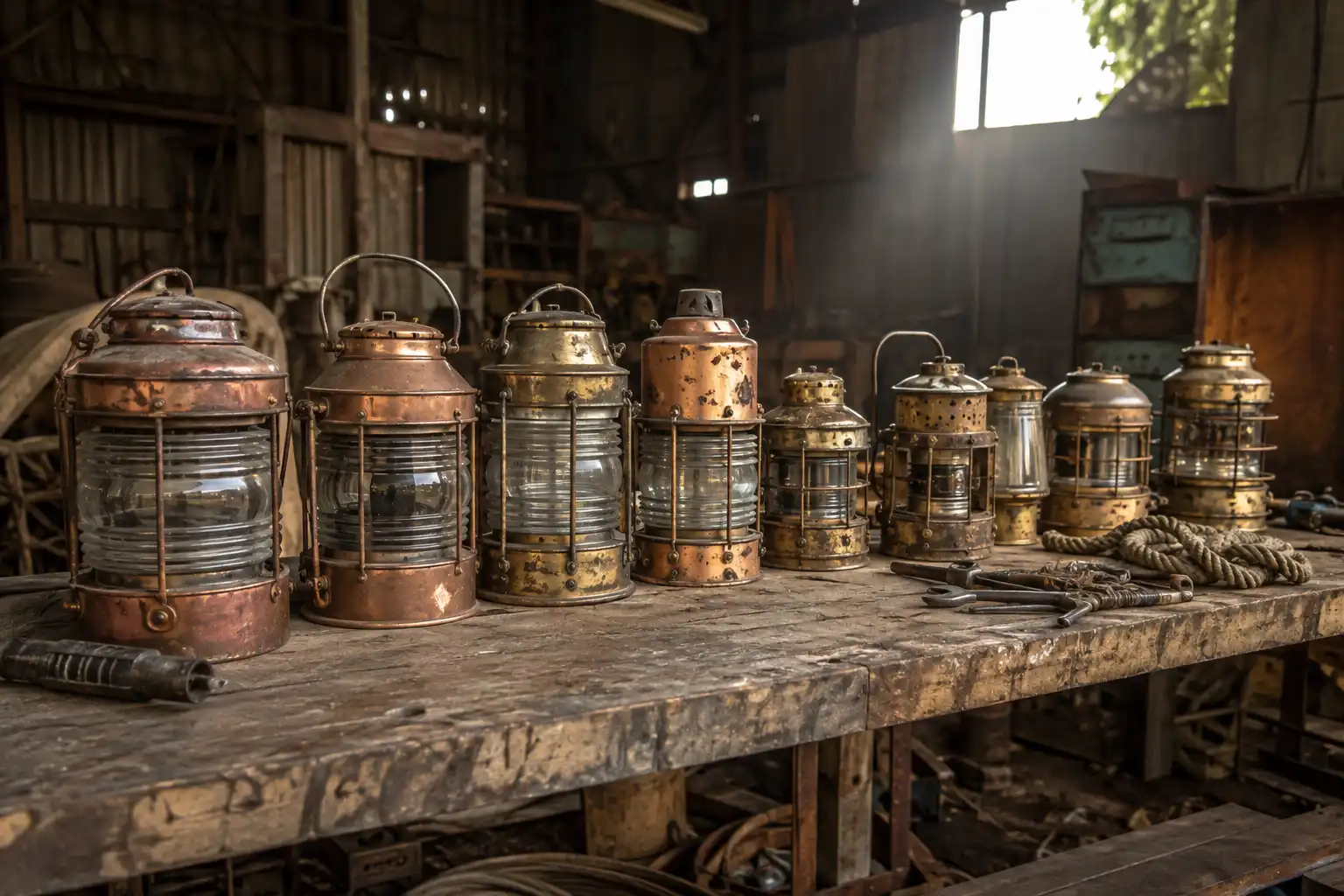 Row of salvaged copper and brass ship lanterns on a workbench in our Chattogram salvage yard, Bangladesh