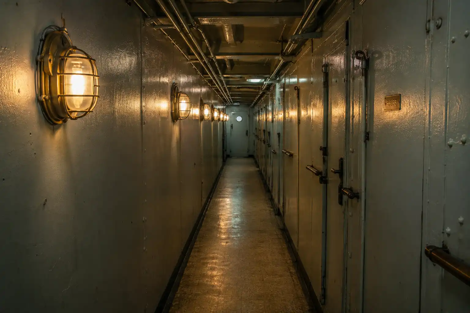 Caged brass corridor lights mounted along one bulkhead of a ship alleyway