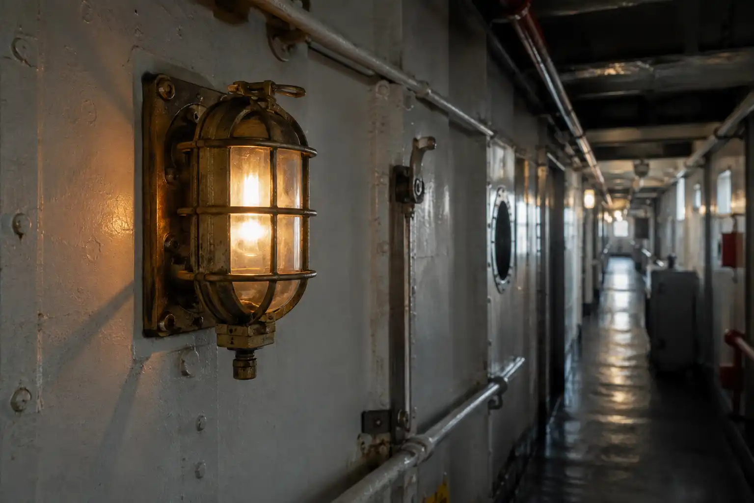 Brass passageway light bolted to a steel cargo ship corridor bulkhead below deck