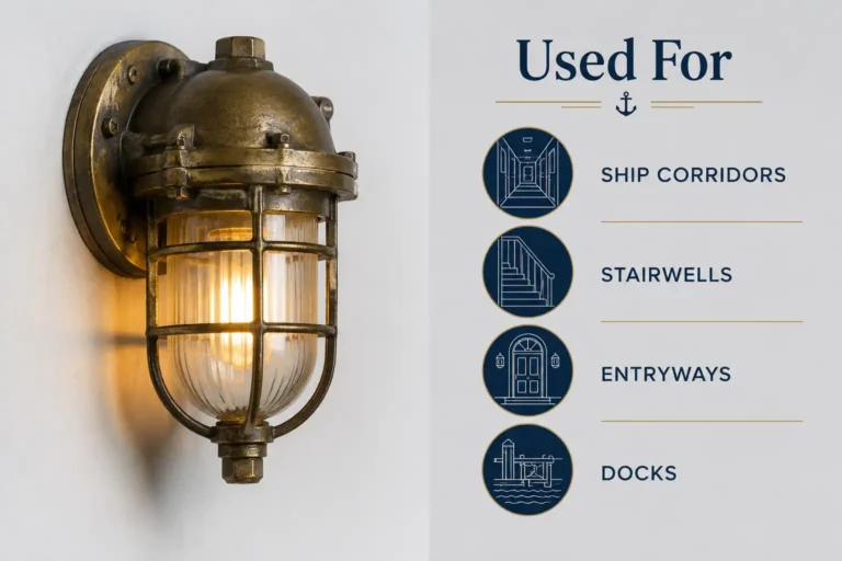 Infographic showing what passageway lights are used for, with a brass ship corridor fixture