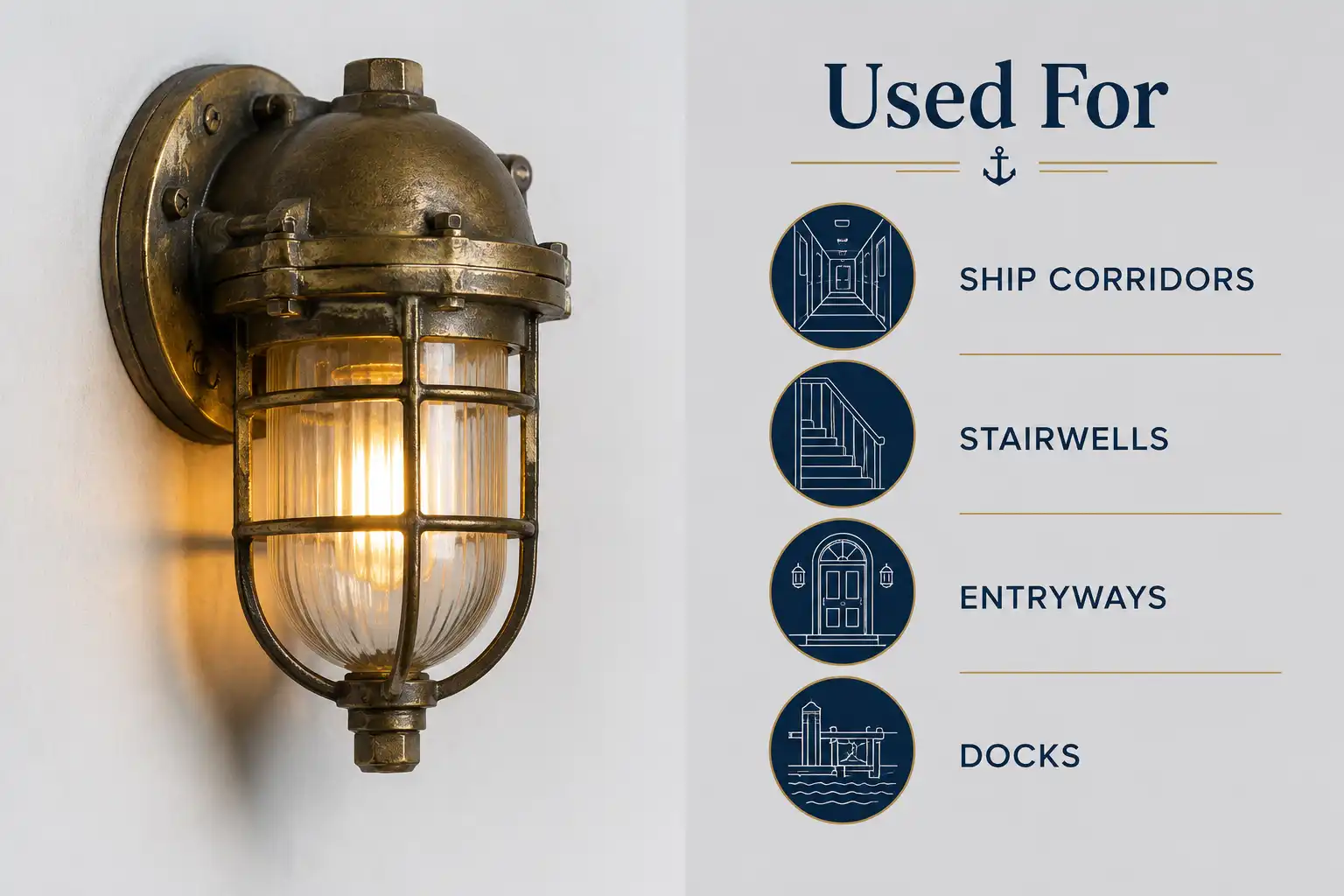 Infographic showing what passageway lights are used for, with a brass ship corridor fixture