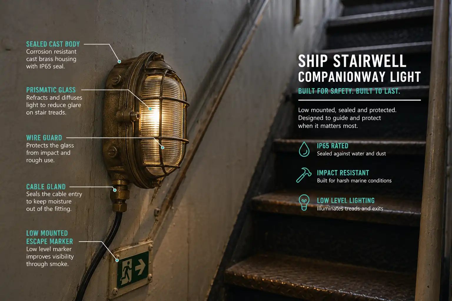 Labeled ship stairwell showing what a companionway light is and how the sealed fixture is built