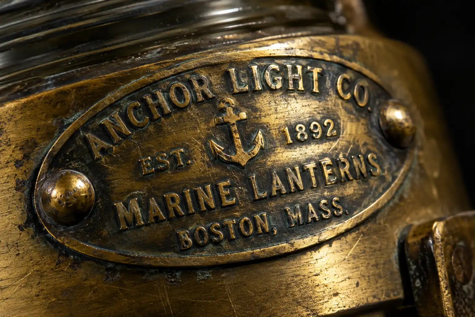 Stamped maker plate on a salvaged brass marine lantern used to date the fixture, Marine Salvage Antiques, Bangladesh