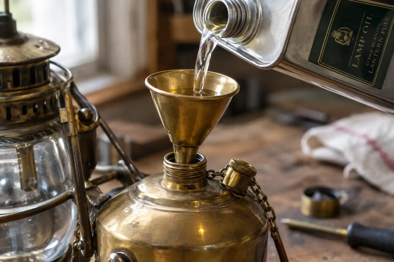 Clear lamp oil poured through a brass funnel into the fount of a vintage marine lantern at our Chattogram workshop