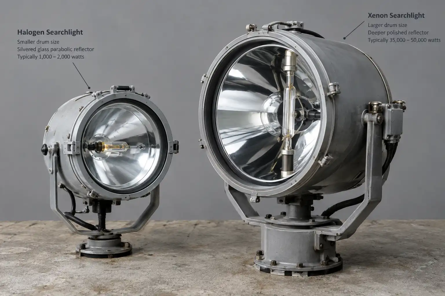 Halogen and xenon marine searchlight reflector drums compared side by side for beam intensity