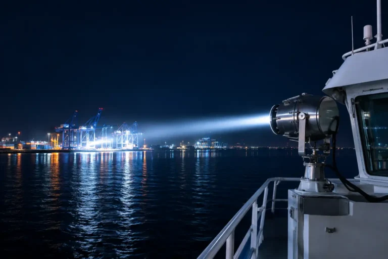 Ship searchlight beam over harbor water showing candela output and beam range at night