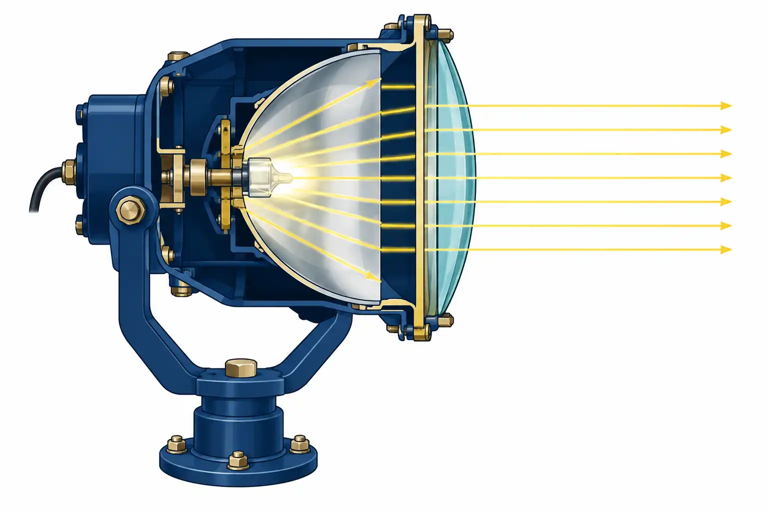 Cutaway diagram showing a ship searchlight lamp at the focal point of a parabolic mirror forming a parallel beam