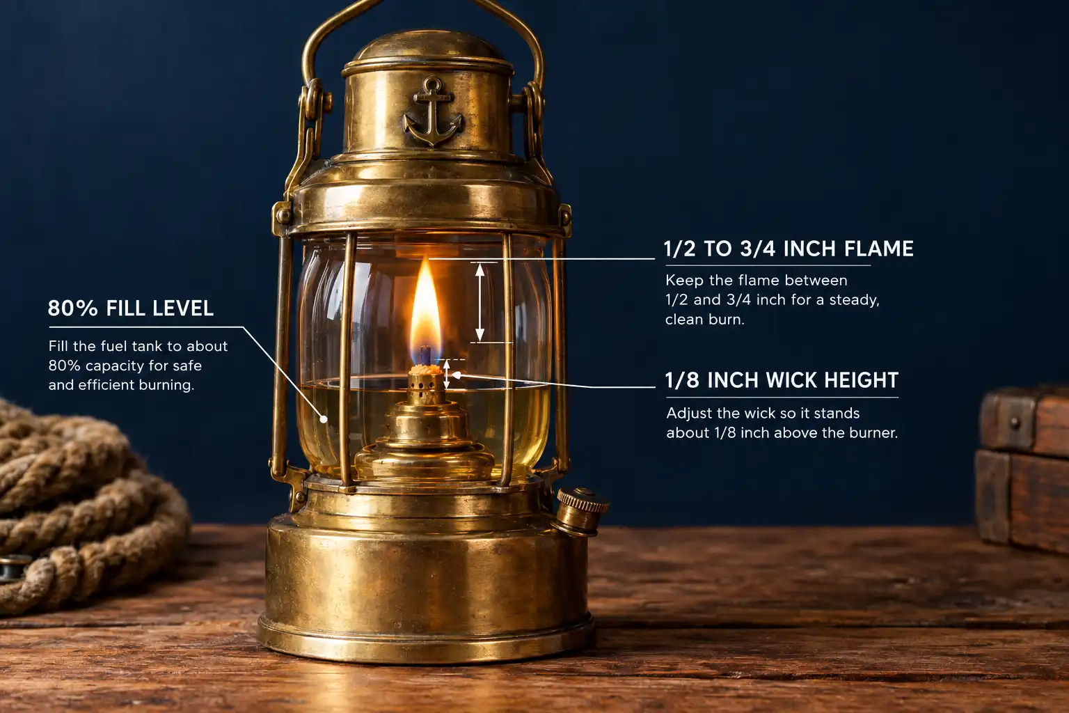 Brass anchor lantern with labeled callouts showing fill level, wick height and correct flame size for safe burning