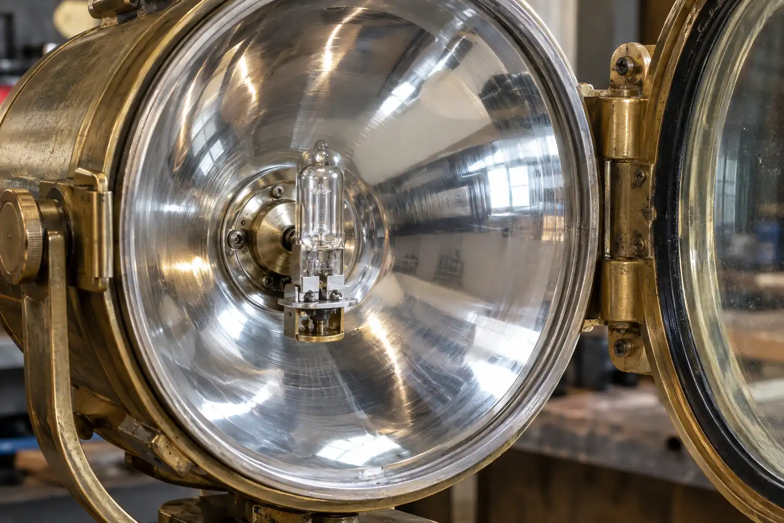 Polished parabolic reflector inside an open vintage marine searchlight barrel