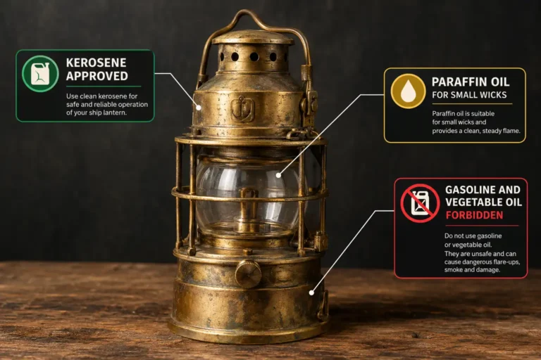 Brass ship anchor lantern with labeled guide showing which oil is safe to burn in nautical lanterns