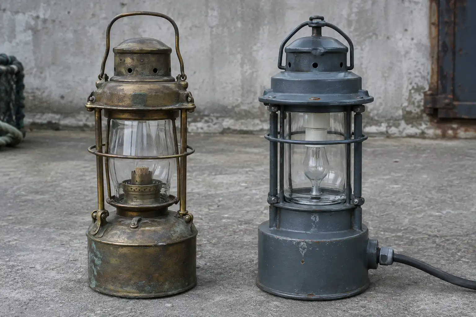 Oil burner marine lantern beside an electric ship lantern, showing the age difference between the two fuel systems