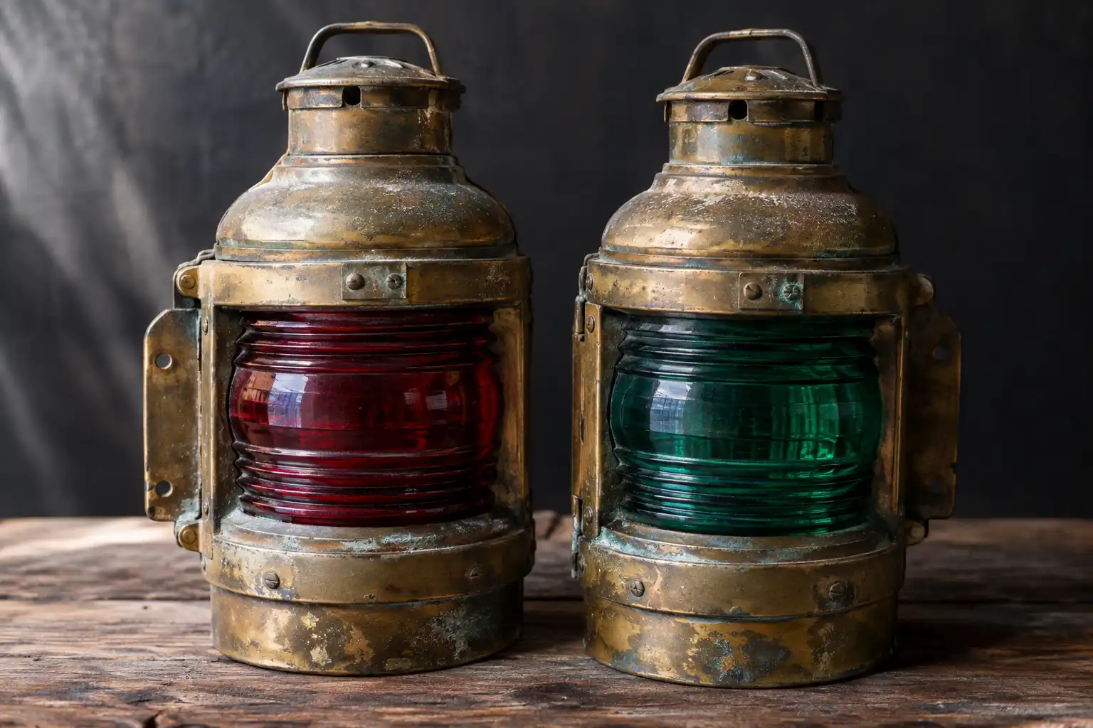 Salvaged brass port and starboard sidelight lamps with red and green glass on a workshop bench
