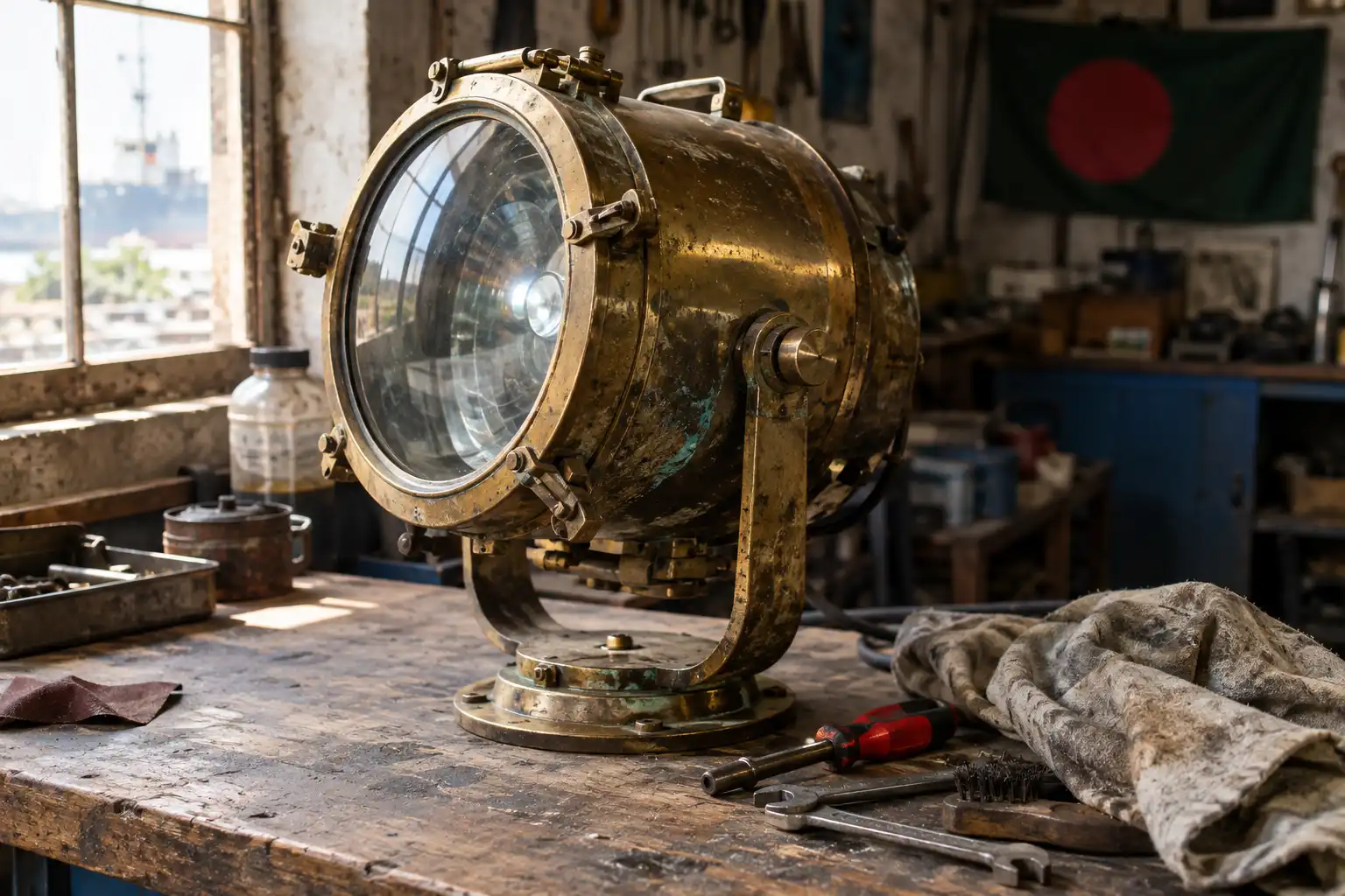 Weathered brass ship searchlight on a workbench in our Chattogram Bangladesh salvage workshop
