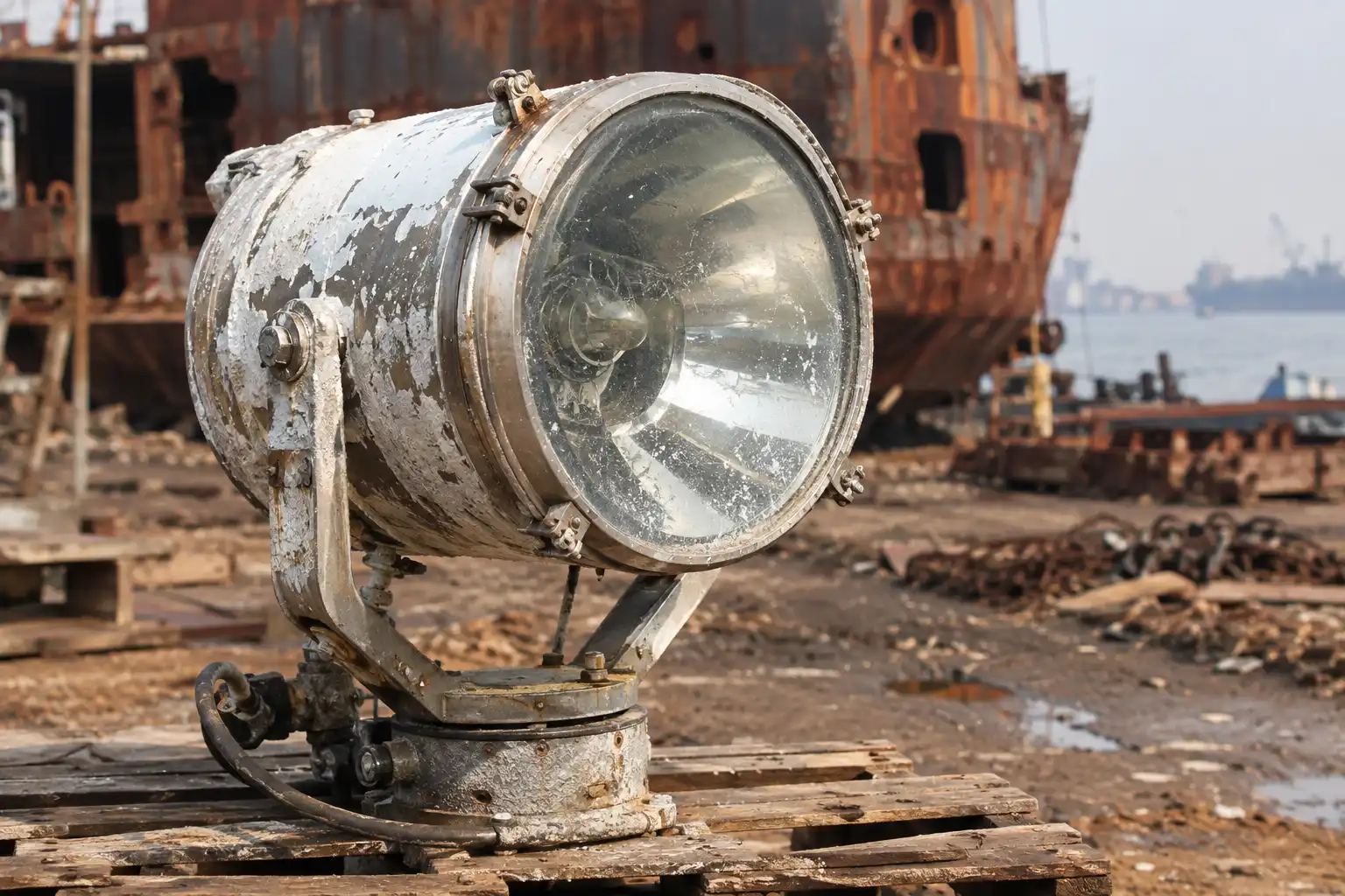 Salvaged stainless marine searchlight recovered from a shipbreaking yard in Chattogram, Bangladesh