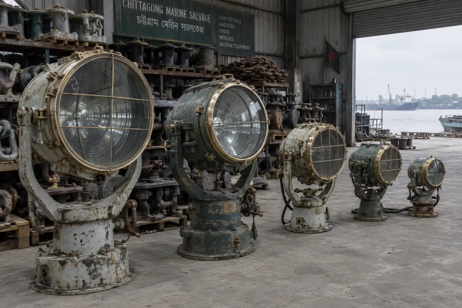 Reclaimed ship searchlights of several sizes in our Chattogram salvage warehouse in Bangladesh