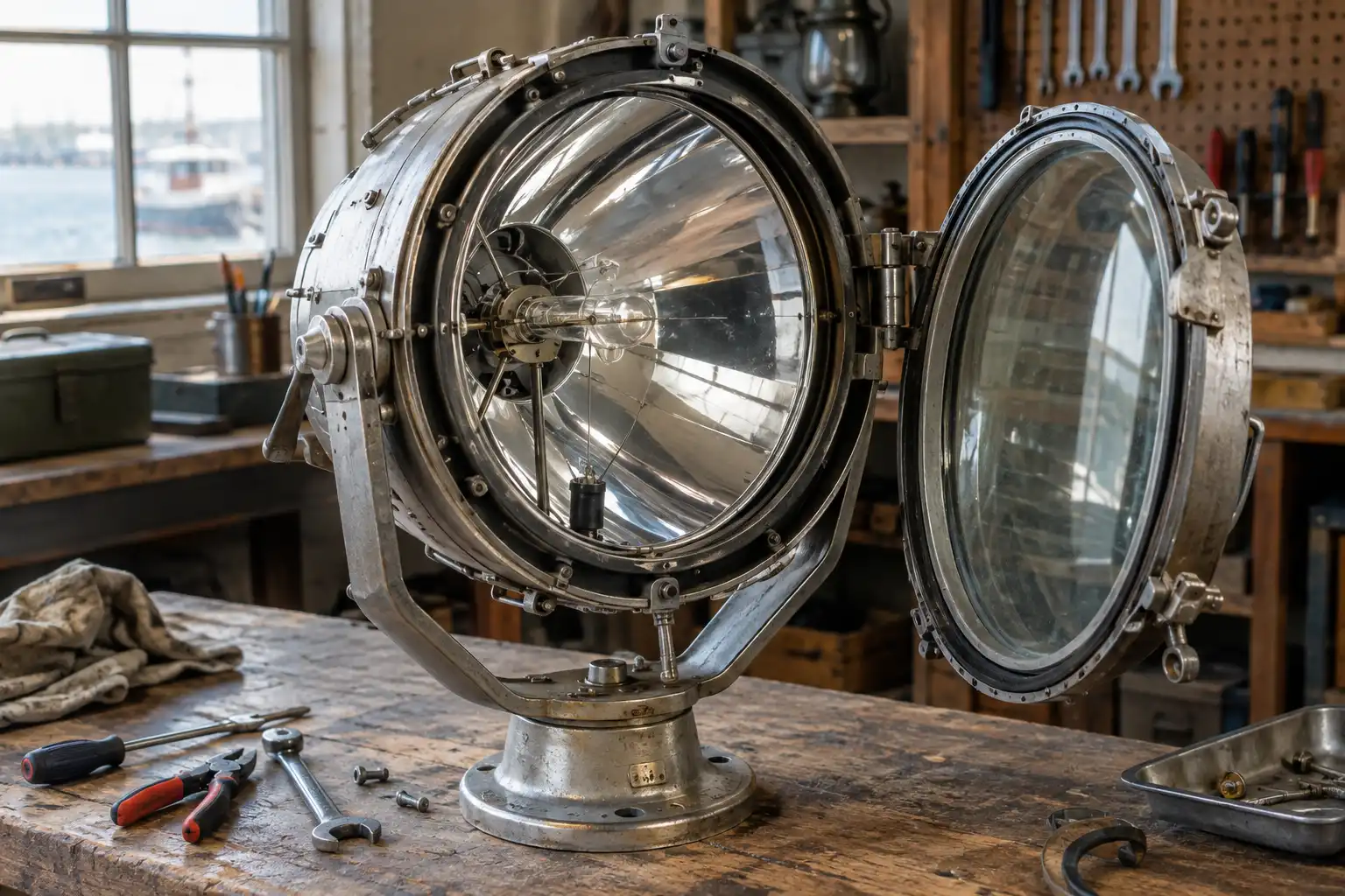 Salvaged marine searchlight opened on a workbench in Chattogram showing its silver parabolic reflector and front glass