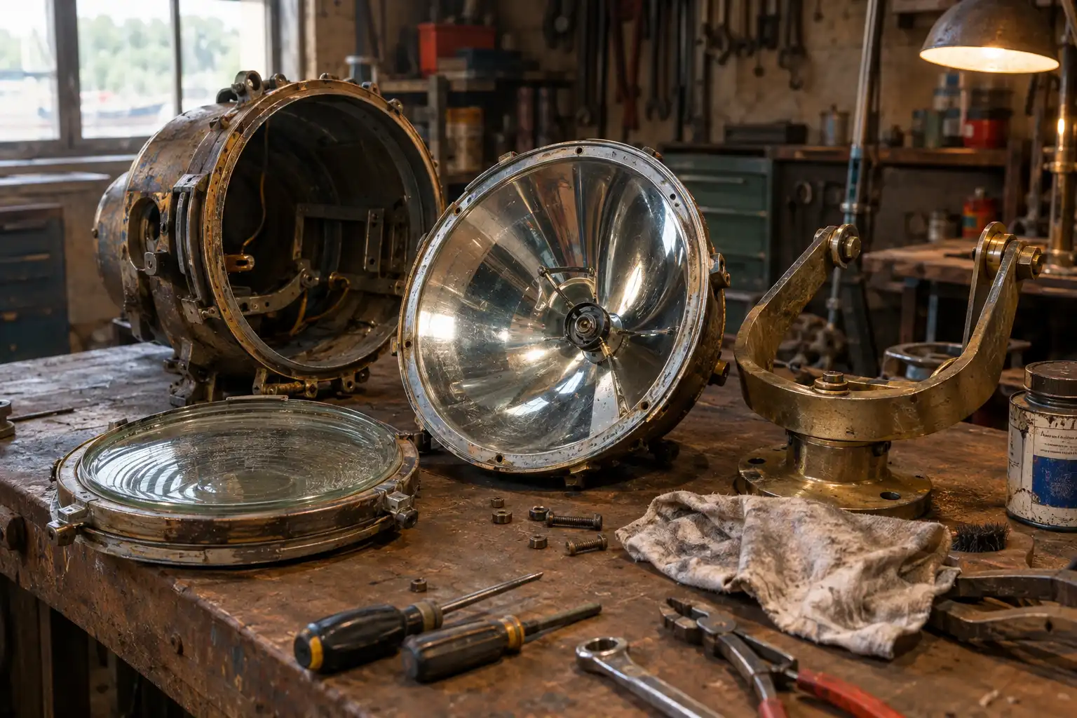 Salvaged ship searchlight stripped for restoration on a workbench in our Chattogram workshop