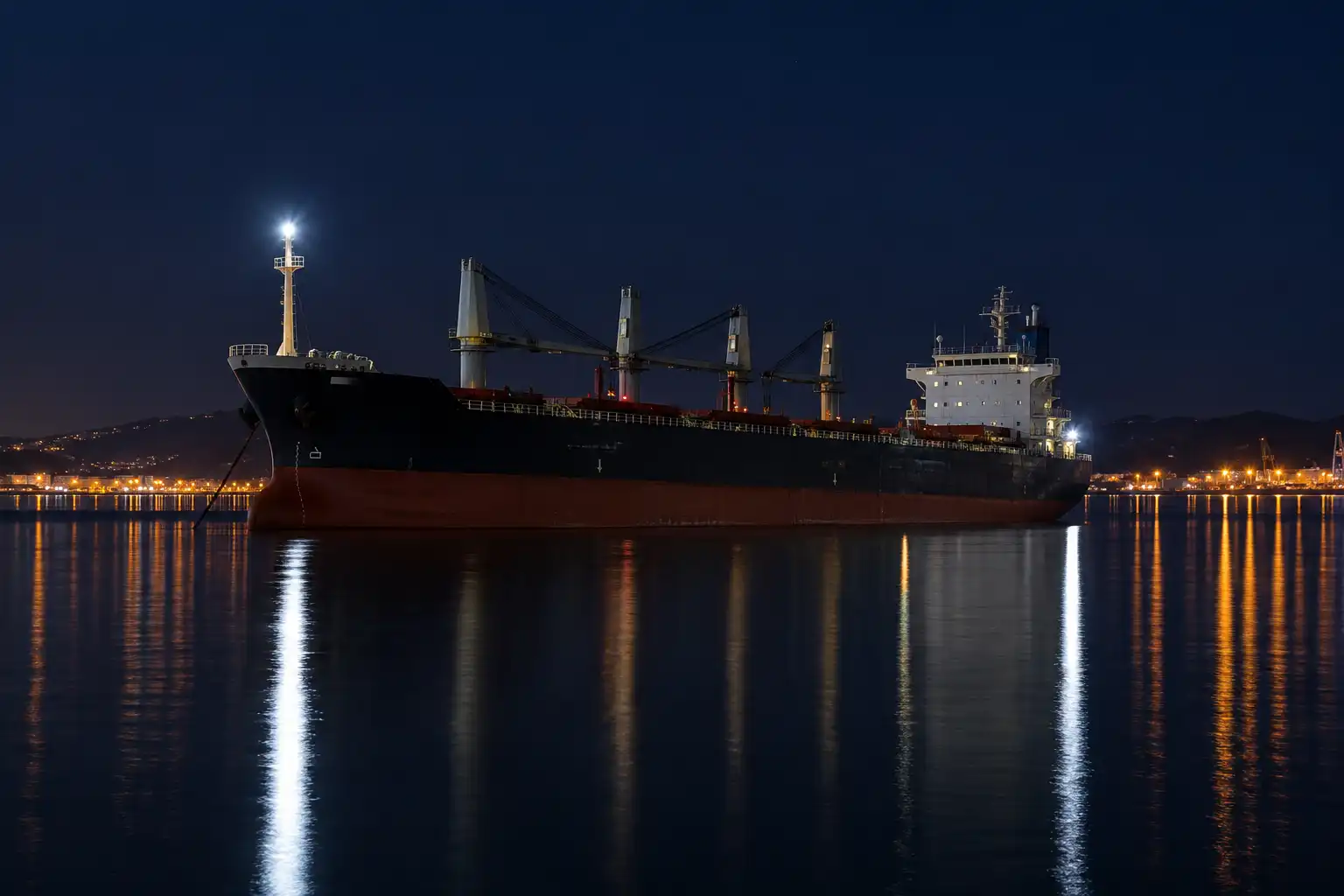 Cargo ship at anchor at night showing two all round white anchor lights, one forward and one lower aft