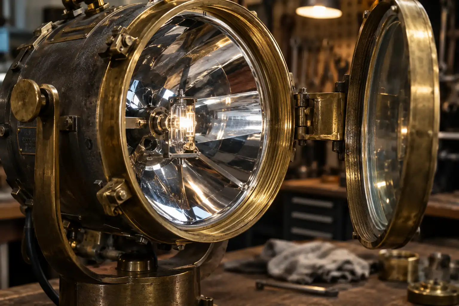 Open marine searchlight showing polished parabolic reflector and halogen lamp at the focal point
