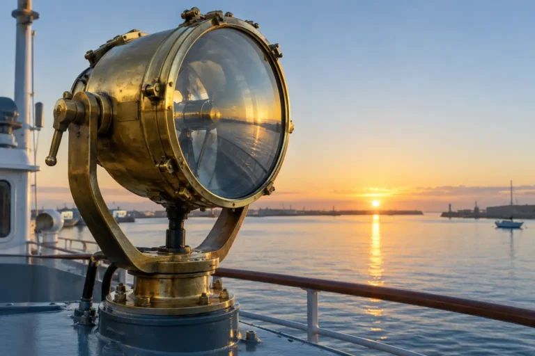 Vintage brass ship searchlight on deck with reflector drum and gimbal yoke visible at sunrise