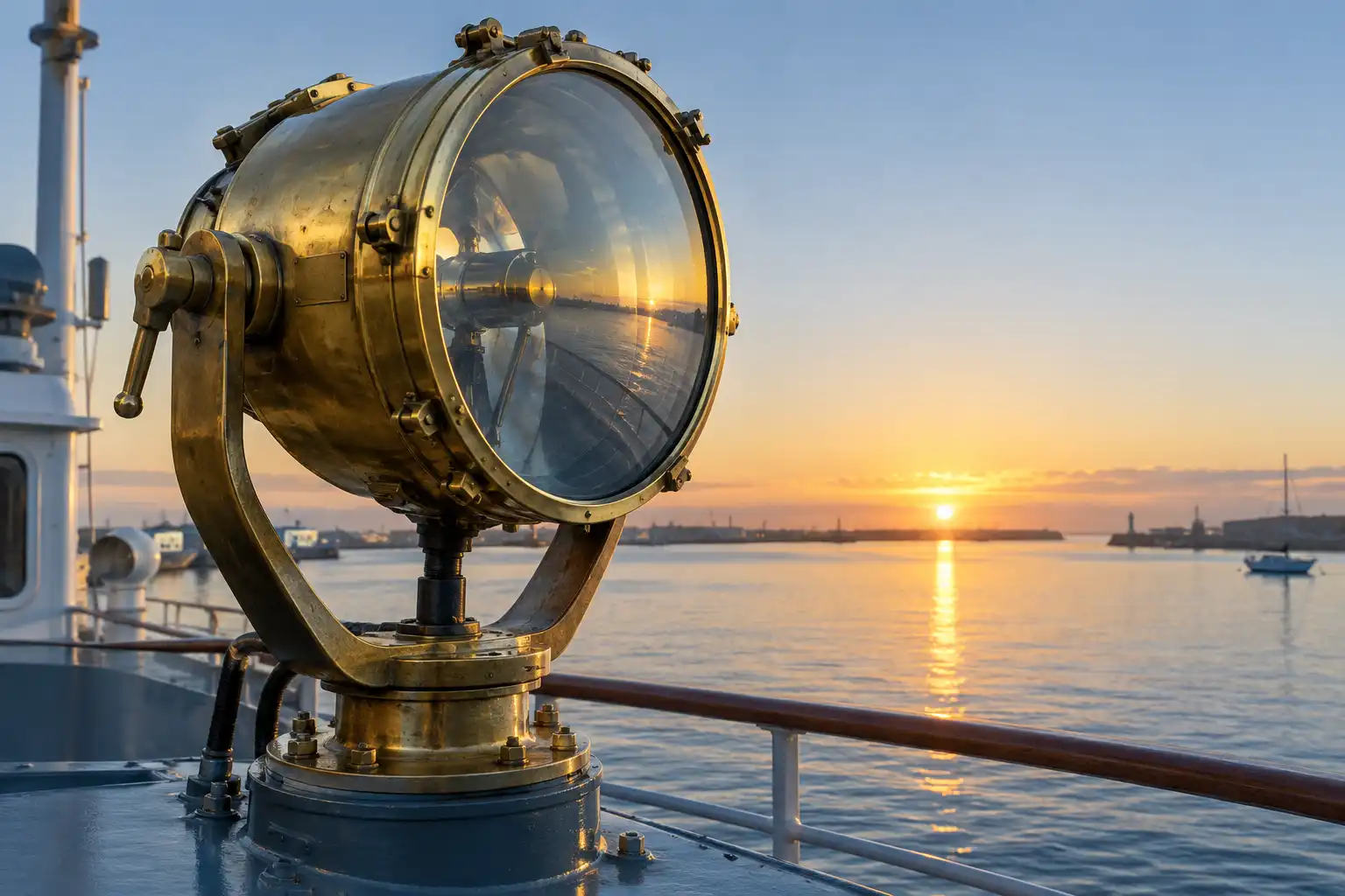 Vintage brass ship searchlight on deck with reflector drum and gimbal yoke visible at sunrise