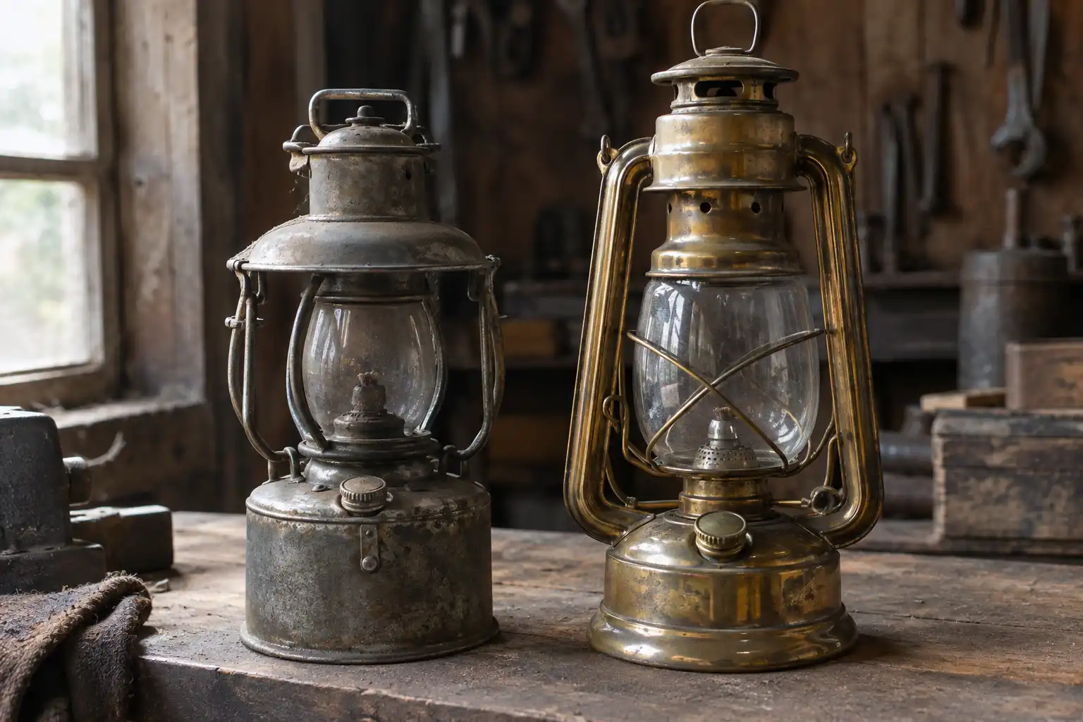 Antique whale oil lamp beside a later brass kerosene ship lantern on a salvage workshop bench